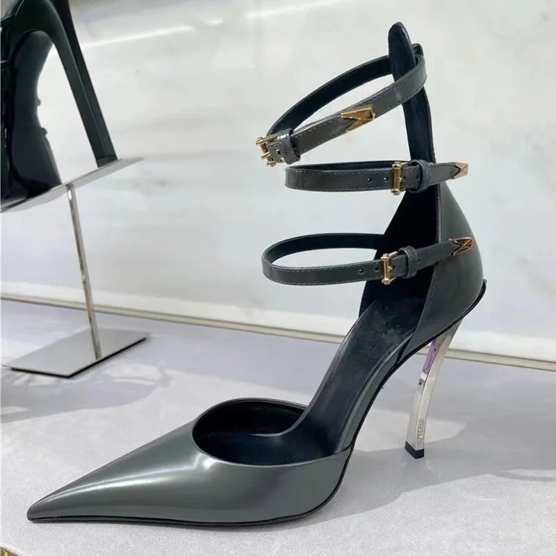 Women's High-end Metal Thin High-heeled Pointed Sandals Fashion Models Sexy Nightclub Party Shoes Wedding Red High-heeled Shoes