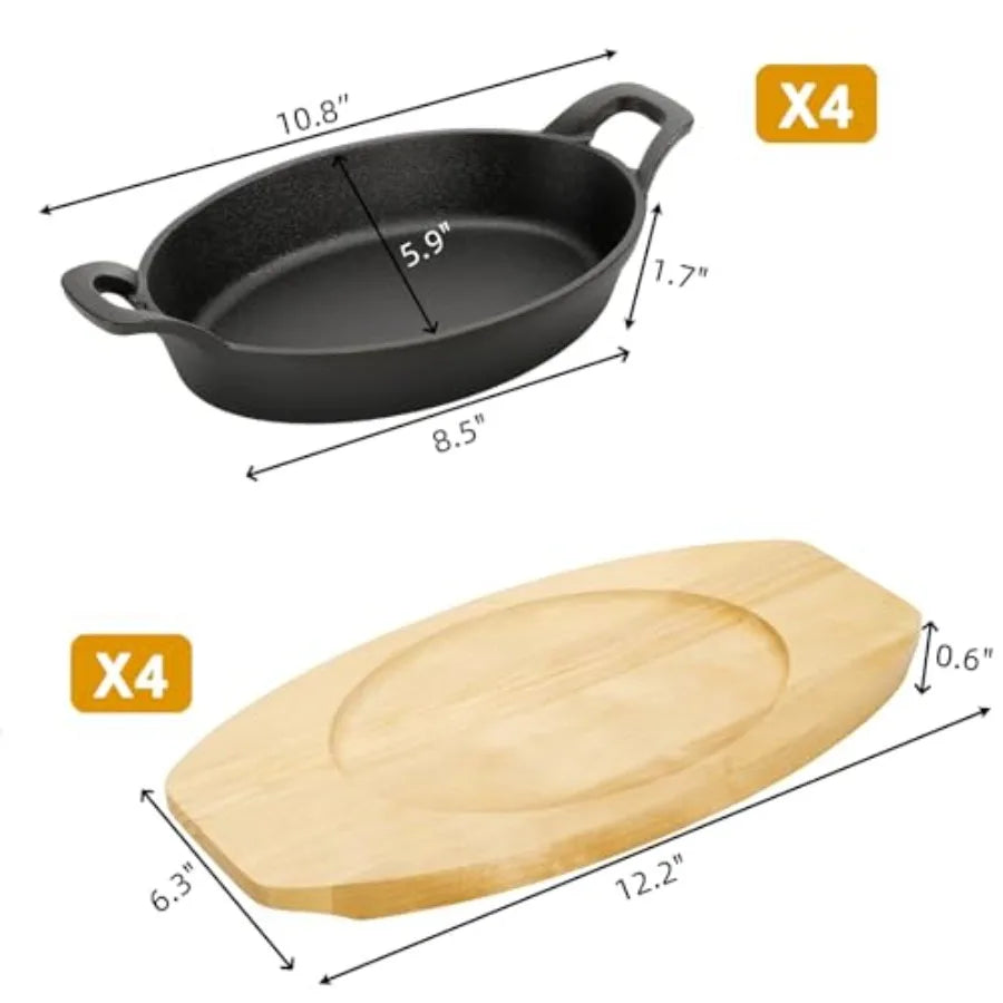 4 Pack Mini Cast Iron Fajita Skillet Set 8.5 x 6.1 Inch Sizzling Plate with Wooden Base Small Oval Casserole Dishes Cast Iron P