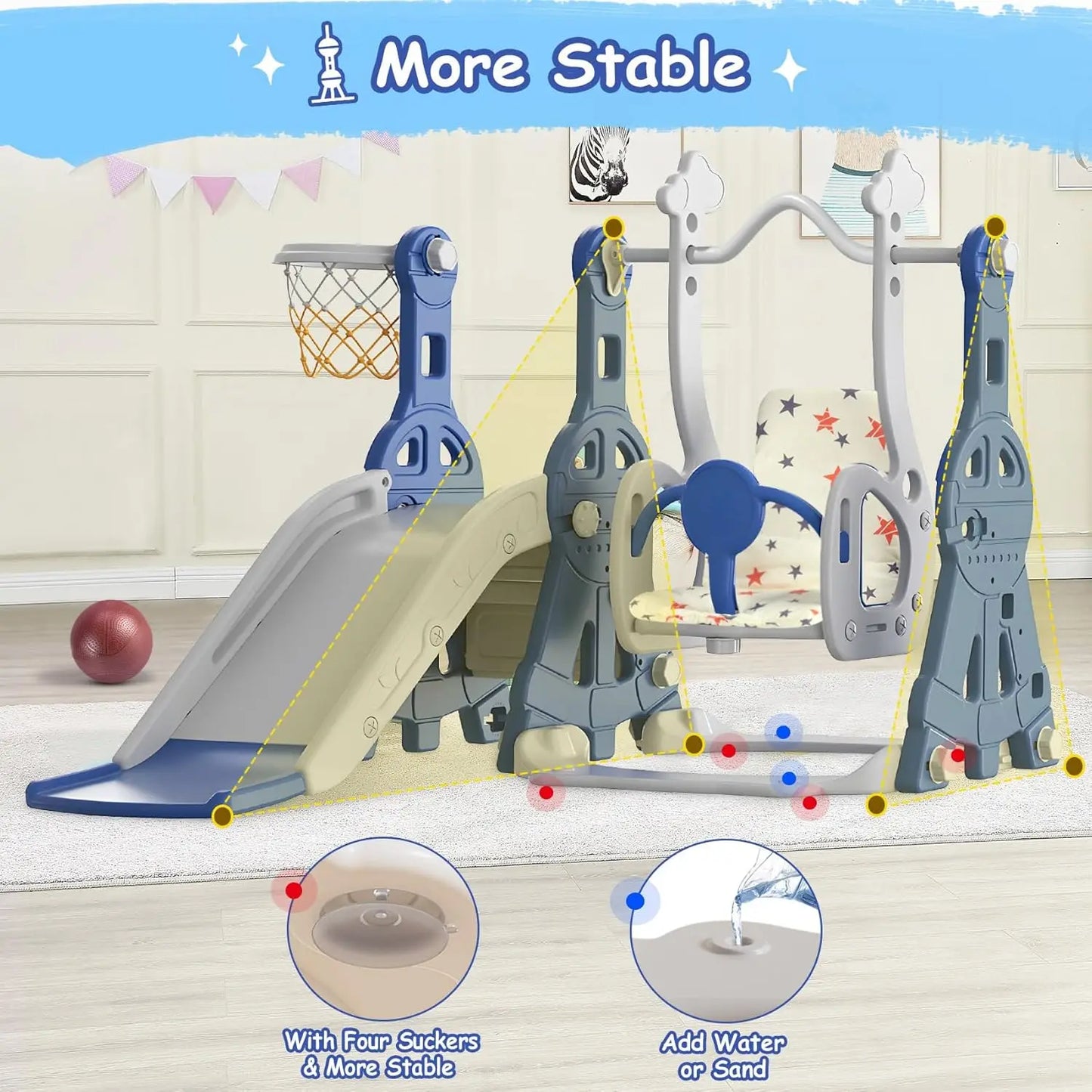 4 in 1 Toddler Slide and Swing Set, Baby Slide for Toddlers Age 1-2, with Basketball Hoop, Indoor Outdoor Toddler Playset Blue