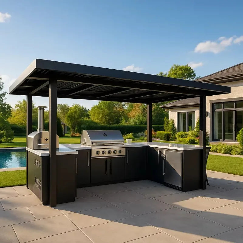 Custom Luxury Villa Patio Barbecue Station Aluminum Frame Weather Resistant Outdoor Cooking Kitchen Cabinet High Grade
