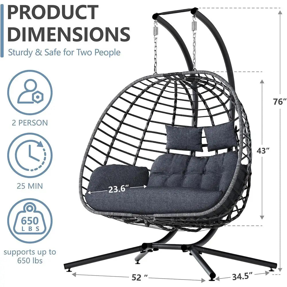 Double Egg Swing Chair with Stand, Outdoor Patio 2 Person Hanging Wicker Hammock Chairs with Cushion or Indoor Bedroom, Lawn, Ga