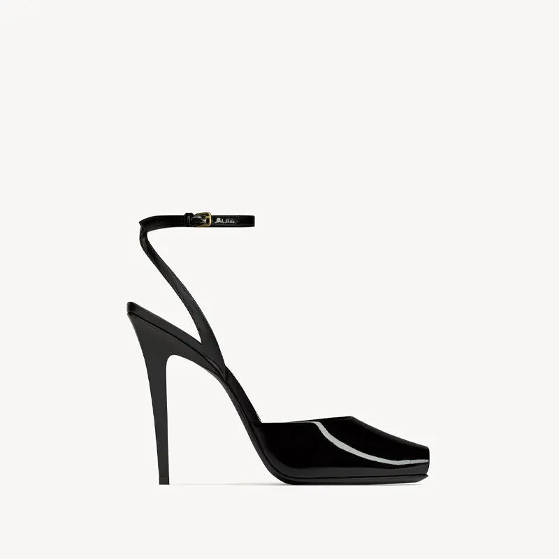 2025 New Square Toe Small Fish Mouth Straight Buckle with Slim High-heeled Fashion Patent Leather Sandals with Straps for Women
