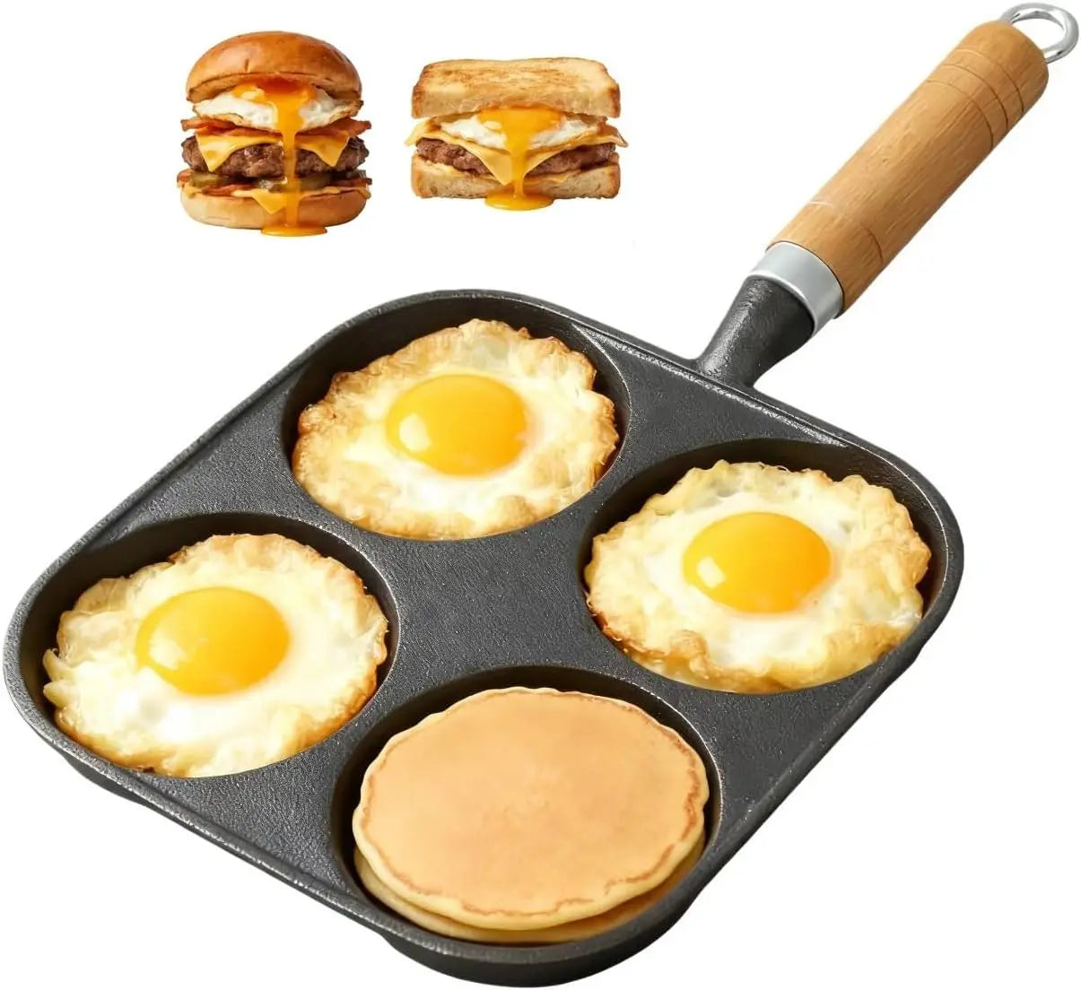 4-Cup Cast Iron Egg Pan, 4 Hole Frying Pan for Eggs & Pancakes, Works on Gas & Induction Stovetops