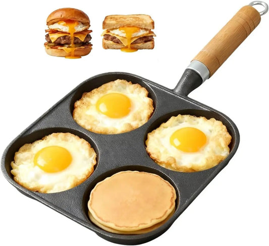 4-Cup Cast Iron Egg Pan, 4 Hole Frying Pan for Eggs & Pancakes, Works on Gas & Induction Stovetops