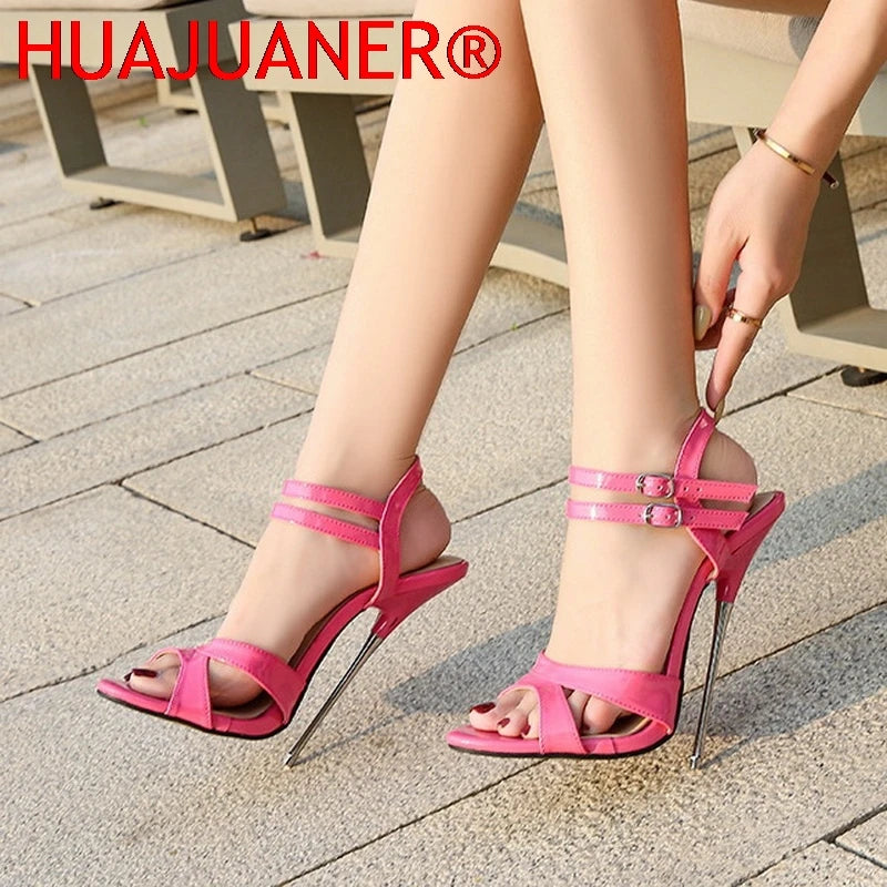 Women Metal High Heel Sandals Sexy Peep Toe Buckle Strap Stiletto Sandals for Nightclub Catwalk Show Princess Internet Celebrity