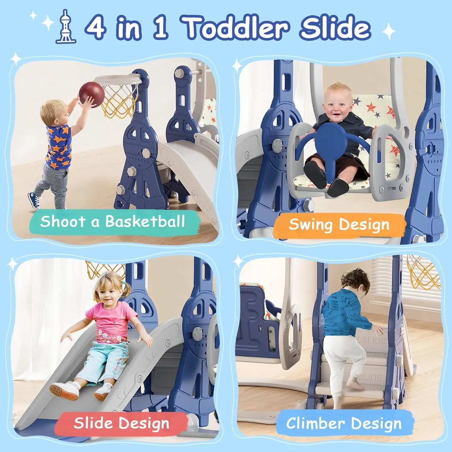 4 in 1 Toddler Slide and Swing Set, Baby Slide for Toddlers Age 1-2, with Basketball Hoop, Indoor Outdoor Toddler Playset Blue