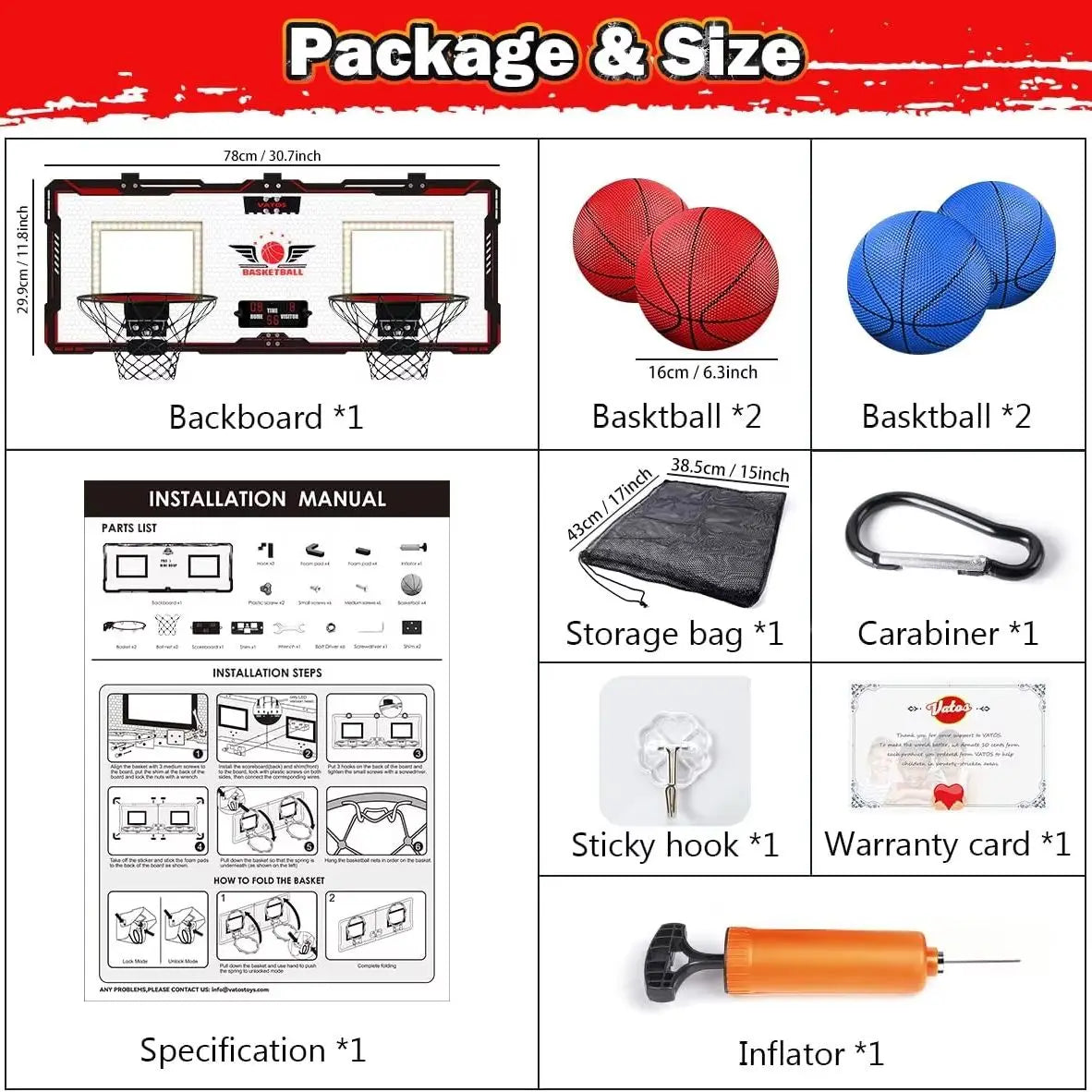 VATOS Basketball Hoop x2 Indoor Outdoor Electric Mini Basketball Scoreboard 4x Balls Toy Gift for Kids Boys Girls Sports Game