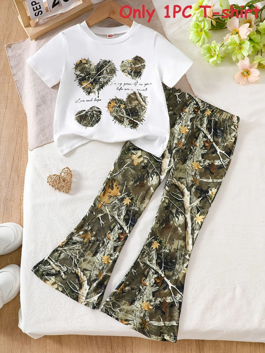 Kids Camo Heart Graphic Crew Neck T-Shirt - Short Sleeve Summer Tee for Boys and Girls, Casual Cotton Top with Nature Print Design for Outdoor Play and Daily Wear