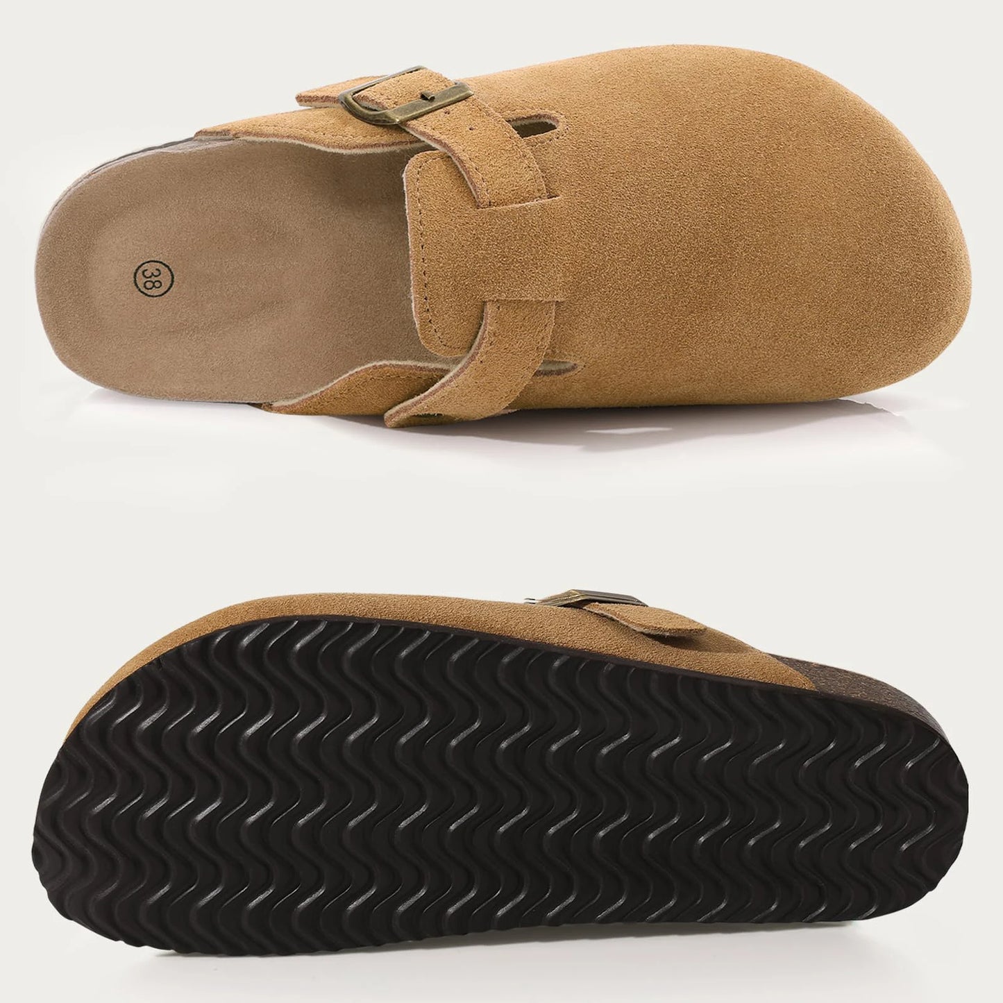 Bebealy Women's Genuine Clogs with Adjustable Strap Fashion Slip On Potato Shoes Cork Footbed Leather Mules With Arch Support