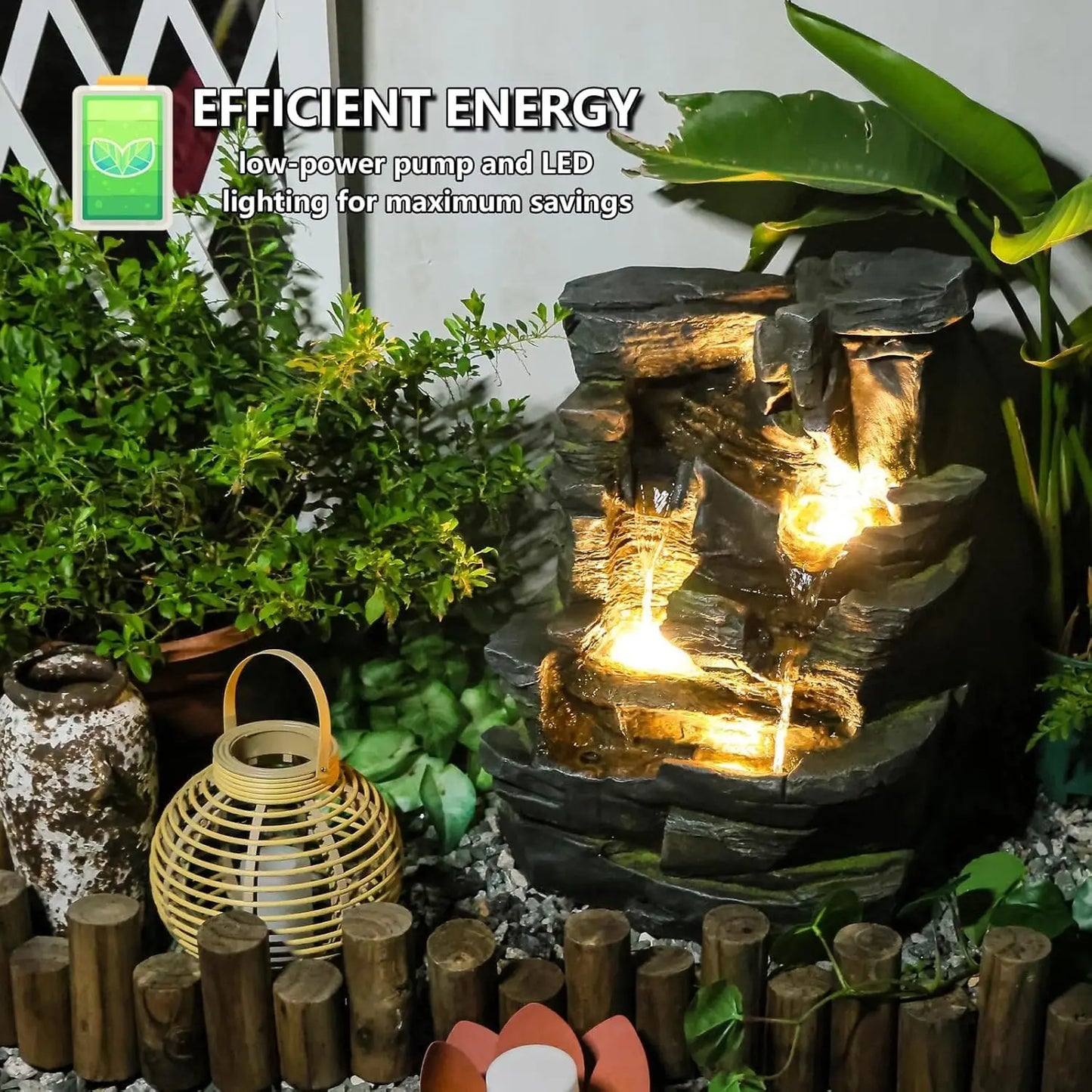 23.6" H Outdoor Water Fountain with 5 Tiers Cascading Realistic Rock Waterfall Fountains with LED Lights Outdoor Water Fountain