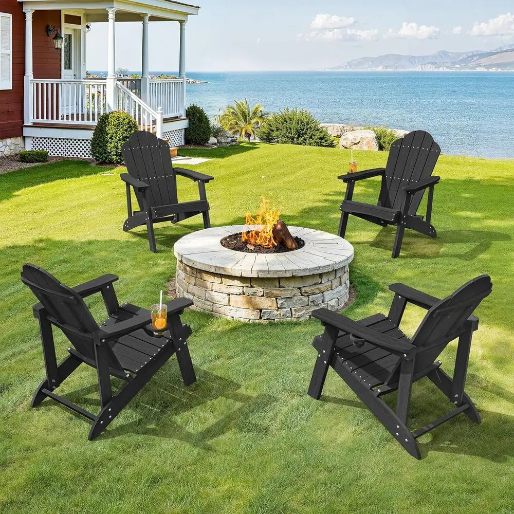 Adirondack Chairs Set o 4 - Weather Resistant Seating with Cup Holder or Patio, ire Pit, Deck & Resort Garden, BlackWedding