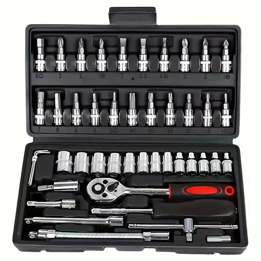 46-piece set 1/4 ratchet wrench with hexagonal sleeve wrench set Automobile repair tool complete set Quick tool Quick repair