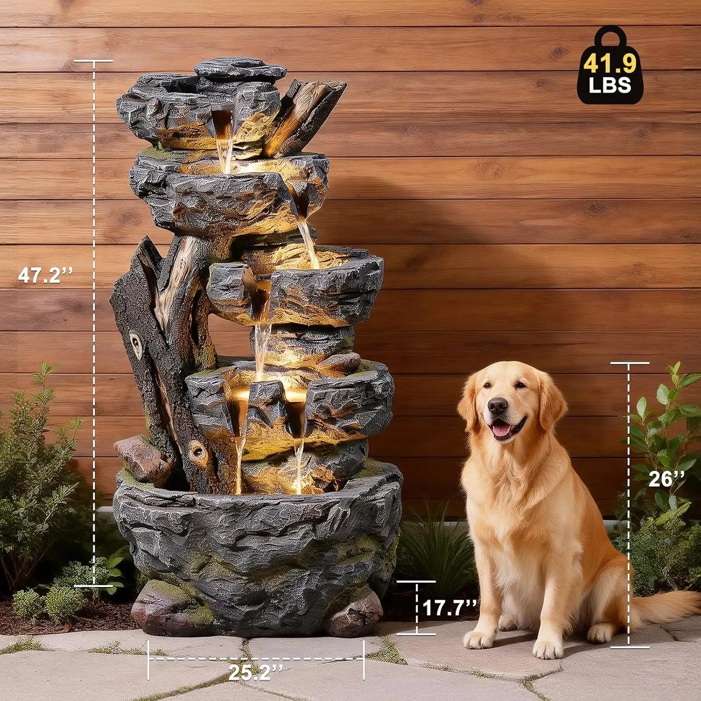 Large Water Fountain Outdoor - 5 Tiers Cascade Floor Standing Rock Wood Like Waterfall Fountain with LED Lights, Custom