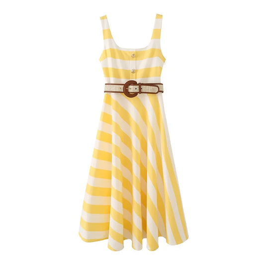 Women's Dress 2026 Summer New Fashionable Sleeveless Backless Camisole Striped Dress Belt Long Elegant Party Dresses