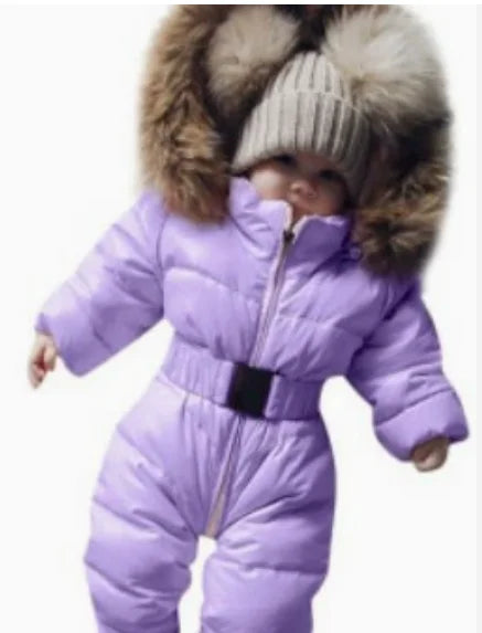 New baby winter fur collar hooded thick warm solid color cute sports zipper waist cinching jumpsuit