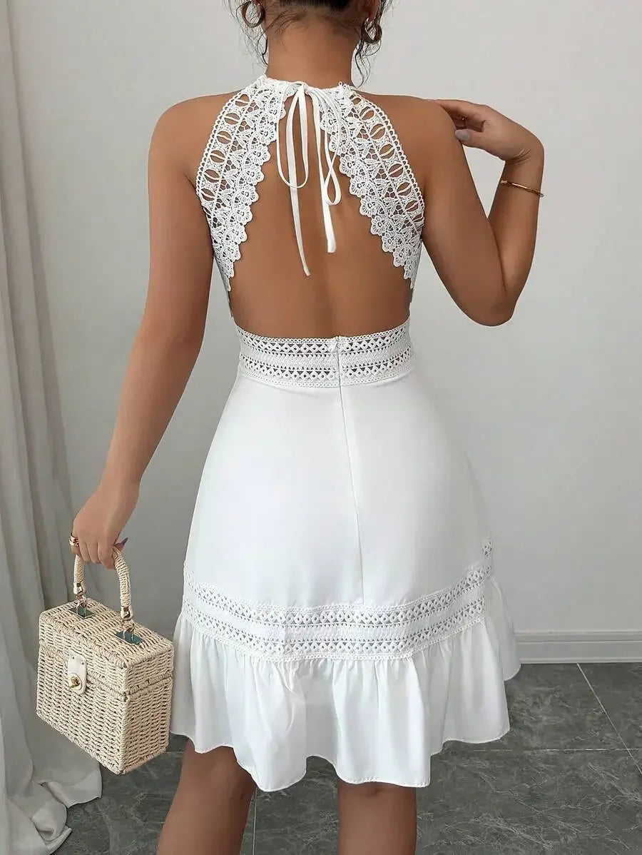 Vintage Style Womens Lace Backless Mini Dress Beach Vacation Outfit