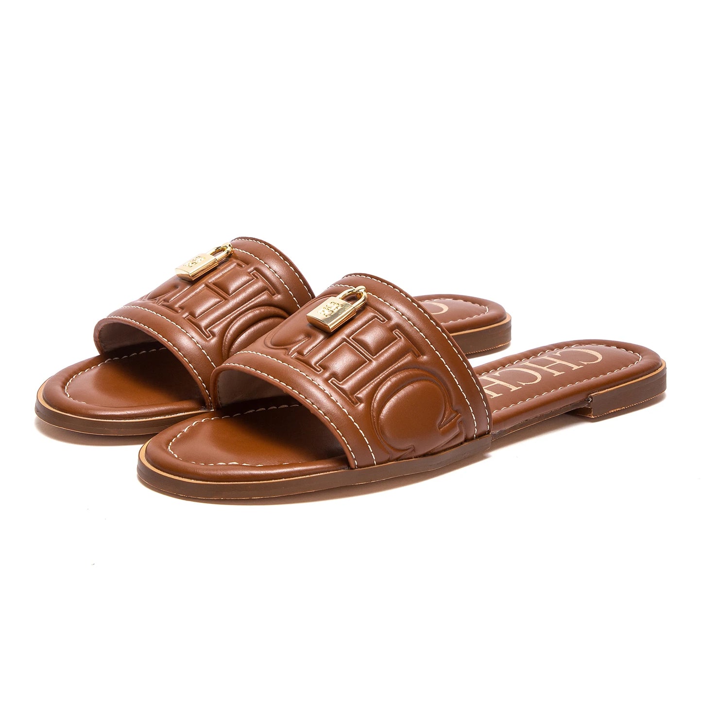 CHCH Women's Flat Shoes Summer New Solid Color Embossed Sandals Simple Fashion Slippers