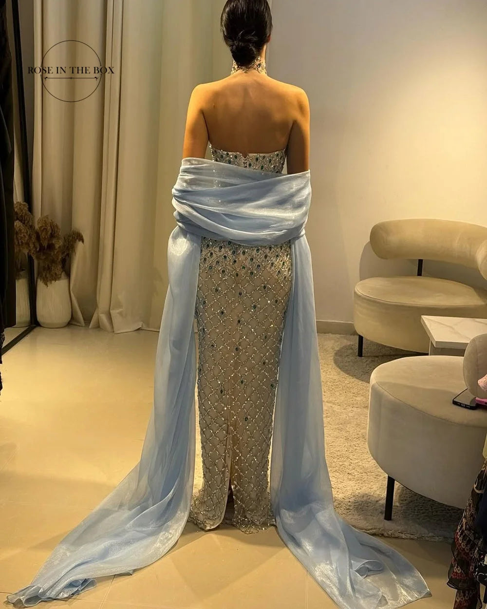 ROSEINTHEBOX Customized Exquisite Crystals Beaded Mermaid Evening Dresses with Light Blue Chiffon Shawl Formal robes de soirée