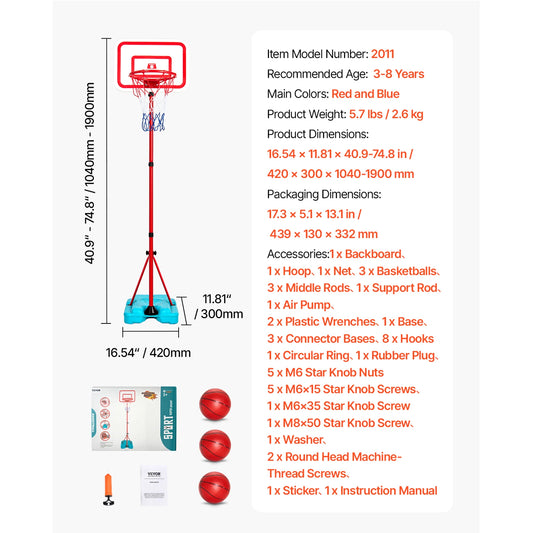 SucceBuy Toddler Adjustable Basketball Hoop 104-190CM Rack for Kids Outdoor Indoor Ball Sport Backboard Rim Shoot Children Toys