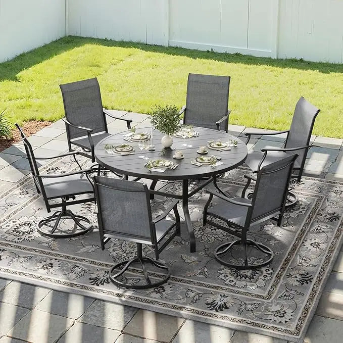 Farini 7-Piece Outdoor Dining Set for 6, 47" Round Table with 6 Swivel Chairs, All-Weather for Poolside, Backyard, Patio, Porch