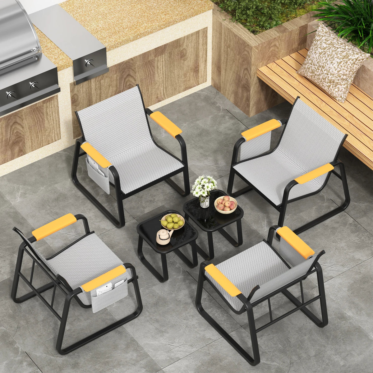 6-Piece Textilene Patio Conversation Set, Outdoor Chairs with Wide Armrests & Side Storage Pockets, 2 Glass Top Side Tables, Weather Resistant Metal Frame for Backyard Poolside Garden Deck