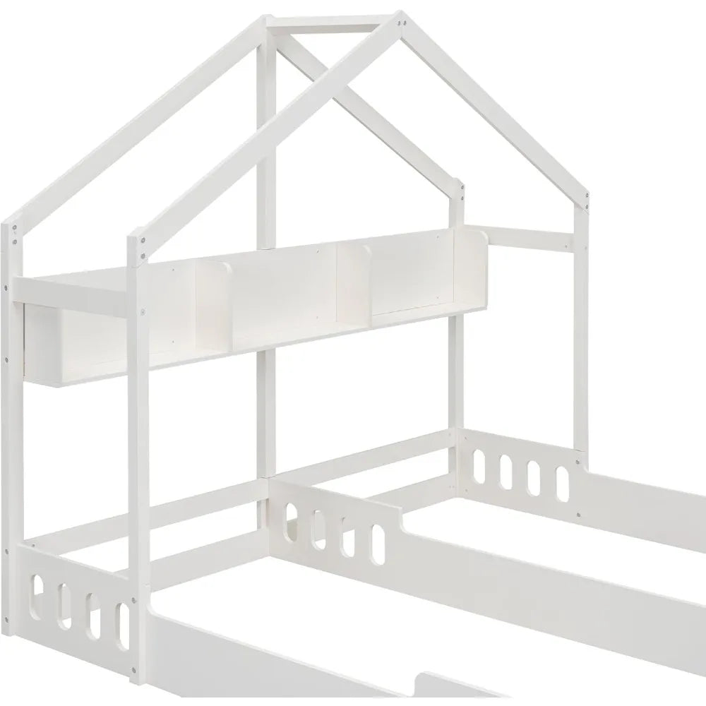 P PURLOVE Twin House Bed for 2 Kids,Double Twin Size Shared Beds with Fence Railings,House Montessori Floor Bed Frame Twin Size