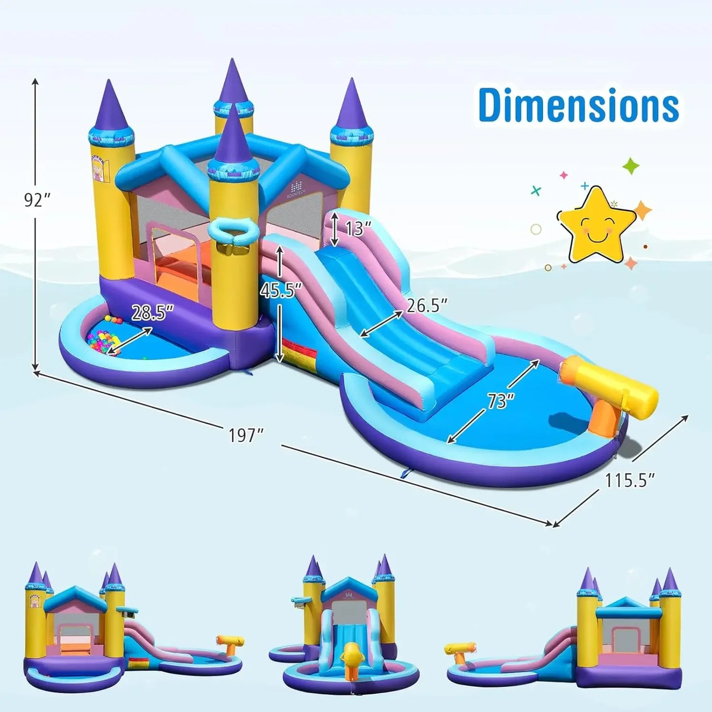 Inflatable Water Slide, 2 in 1 Castle Bounce House Water Slide with Ball Pit & Splash Pool for Kids Outdoor Fun, Bouncy Castle W