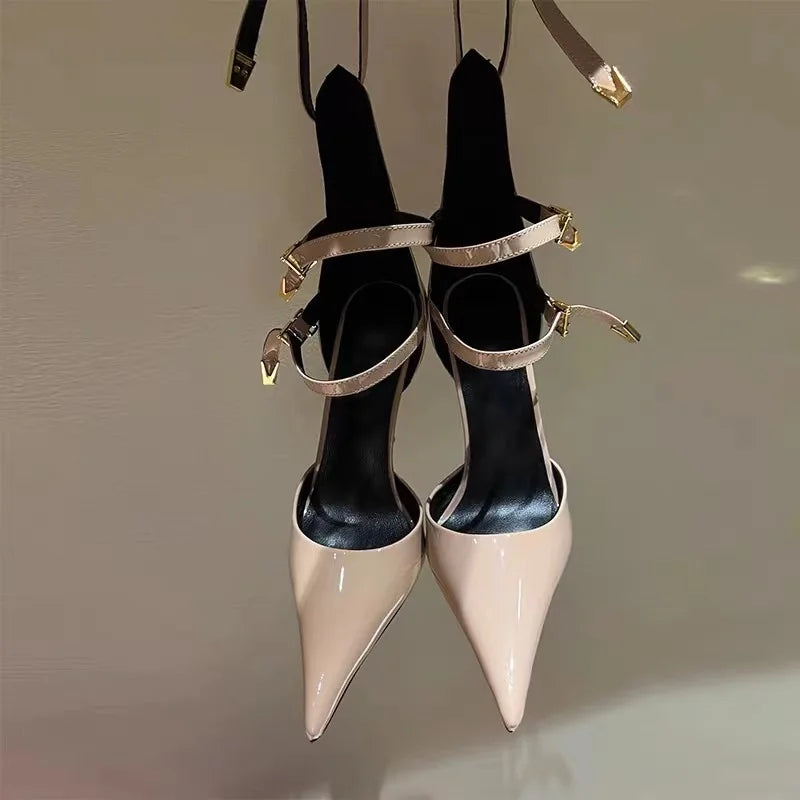Women's High-end Metal Thin High-heeled Pointed Sandals Fashion Models Sexy Nightclub Party Shoes Wedding Red High-heeled Shoes