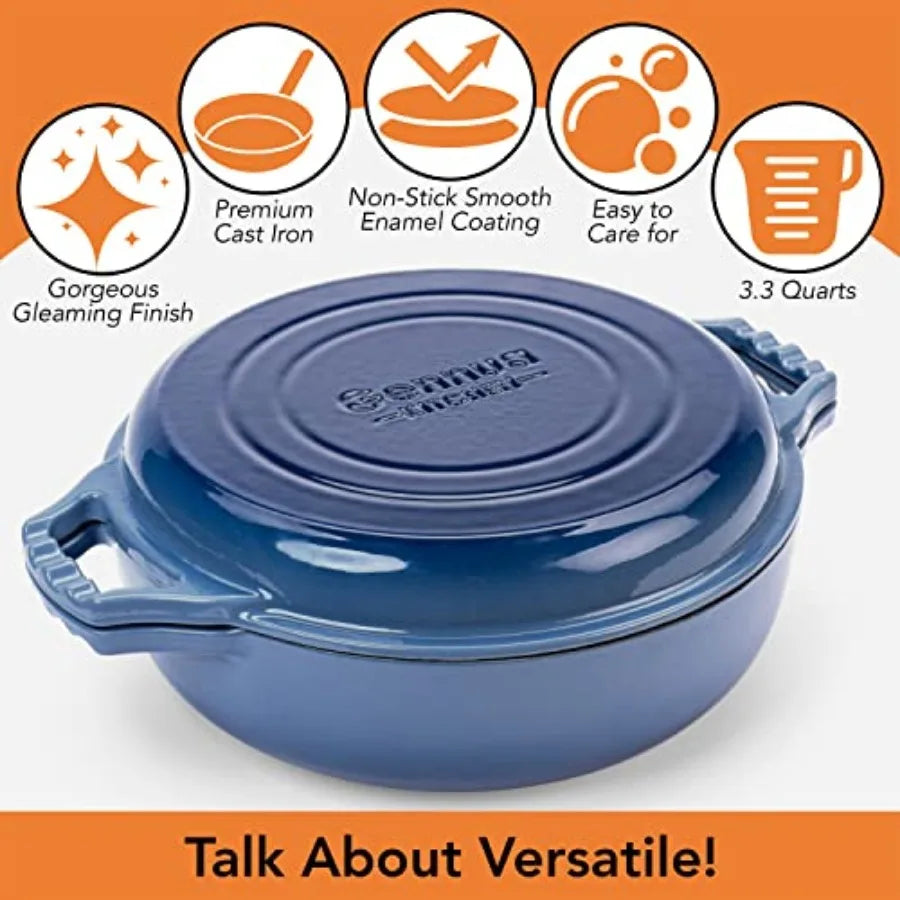 2-in-1 Enameled Cast Iron Braiser Pan with Grill Lid - 3.3-Quart Small Dutch Oven Serves as Both Casserole and Stovetop Grill P