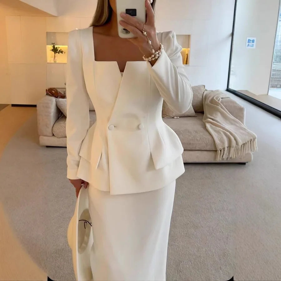 BWQ New Fashion Sexy Long Sleeve Square Neck Double Breasted Pocket Solid Color Slim Fit Suit + Skirt Set For Women,2 Colors