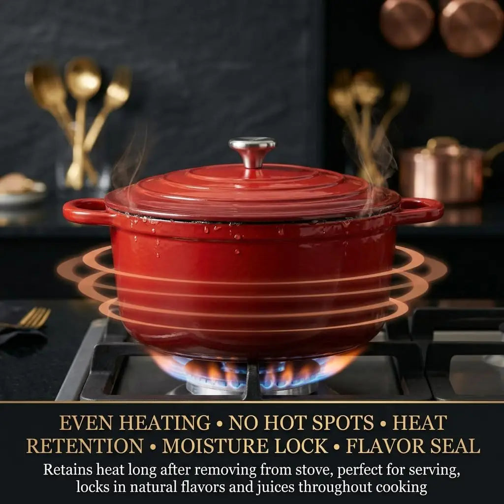 7-Piece Enameled Cast Iron Cookware Set with Lids, Nonstick Pots and Pans for Even Heating on All Stovetops, Red