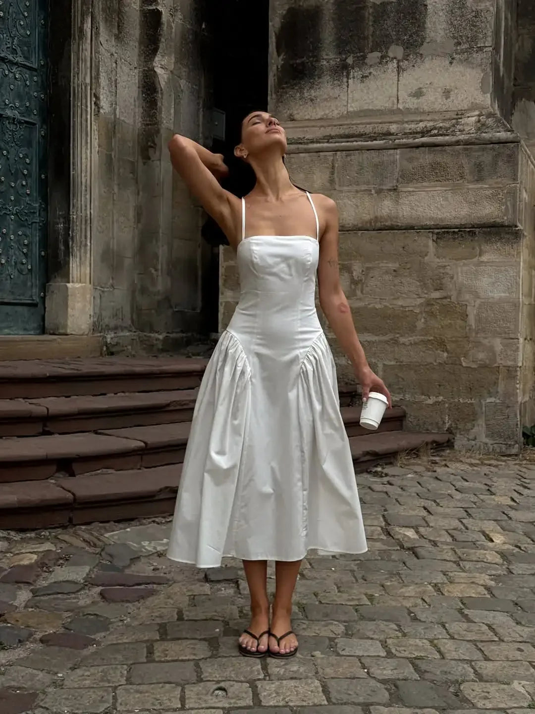 Solid Pleated Sling Dress Women Elegant Sleeveless Backless Off Shoulder Patchwork Midi Dresses 2026 Lady Vacation Street Robe