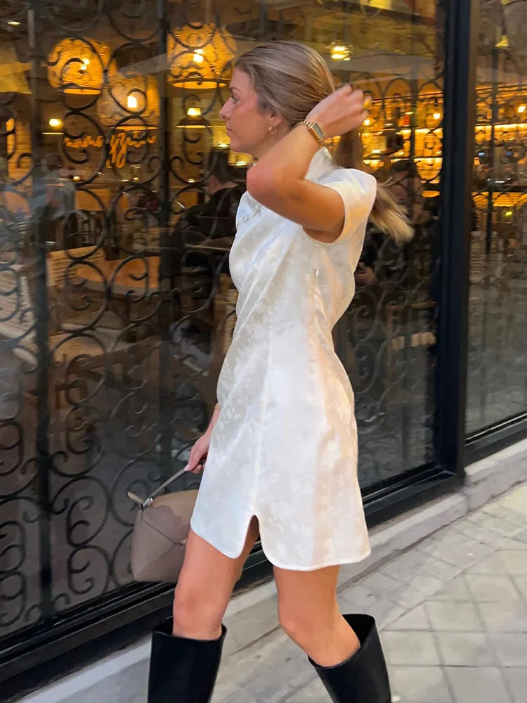 HH Women Fashion Jacquard Short Dress Short Sleeve Zipper Asymmetric Button Decoration Mini Dress Woman Elegant Party Dress
