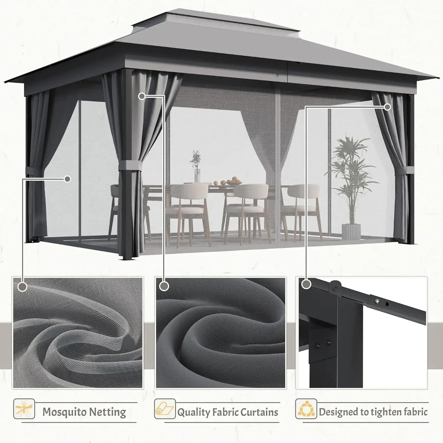 10x13 Outdoor Gazebo Canopy Heavy Duty Metal Frame Double Roof Mosquito Net Privacy Screen Patio Garden Backyard Custom