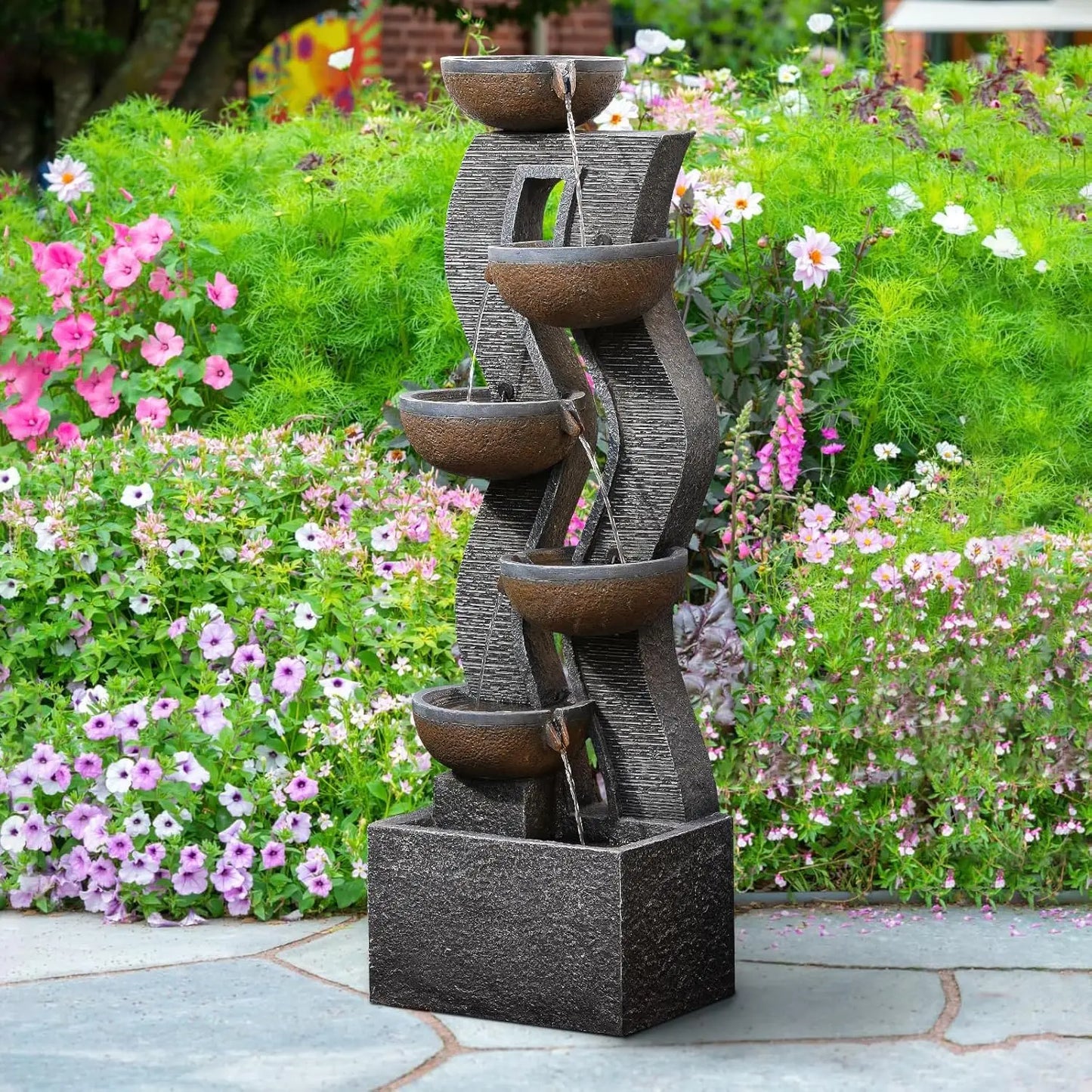52.8" Tall Outdoor Water Fountain with Lights, 6-Tier Cascading Resin Waterfall Feature for Porch, Garden, Yard, Deck, Patio – L