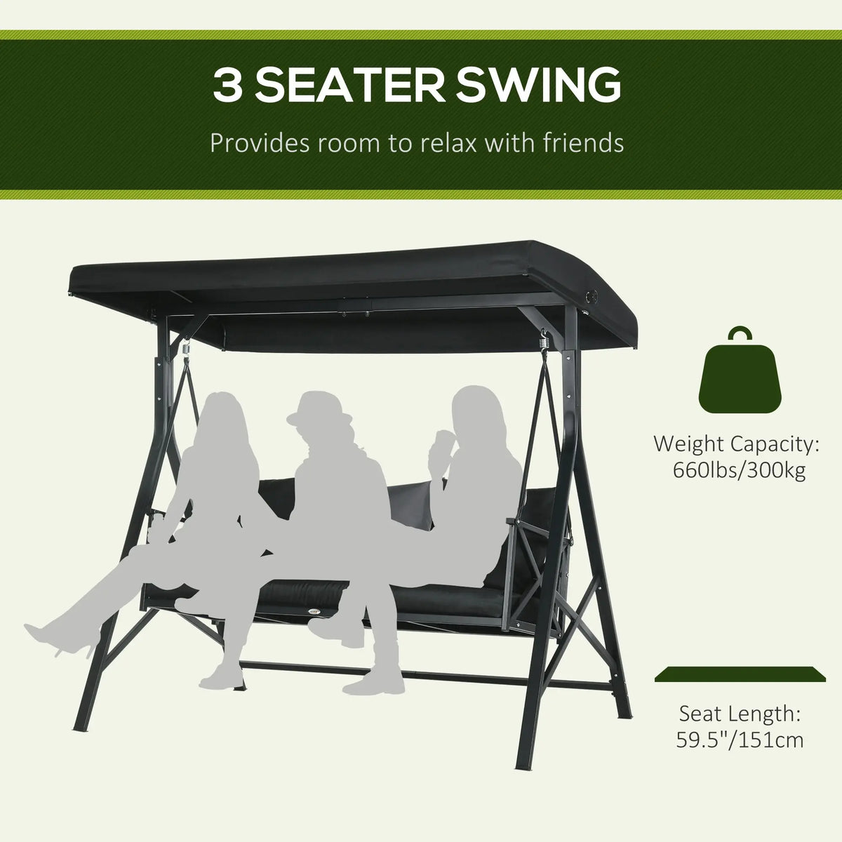 3-Seat Outdoor Swing with Adjustable Canopy and Cushions, Black