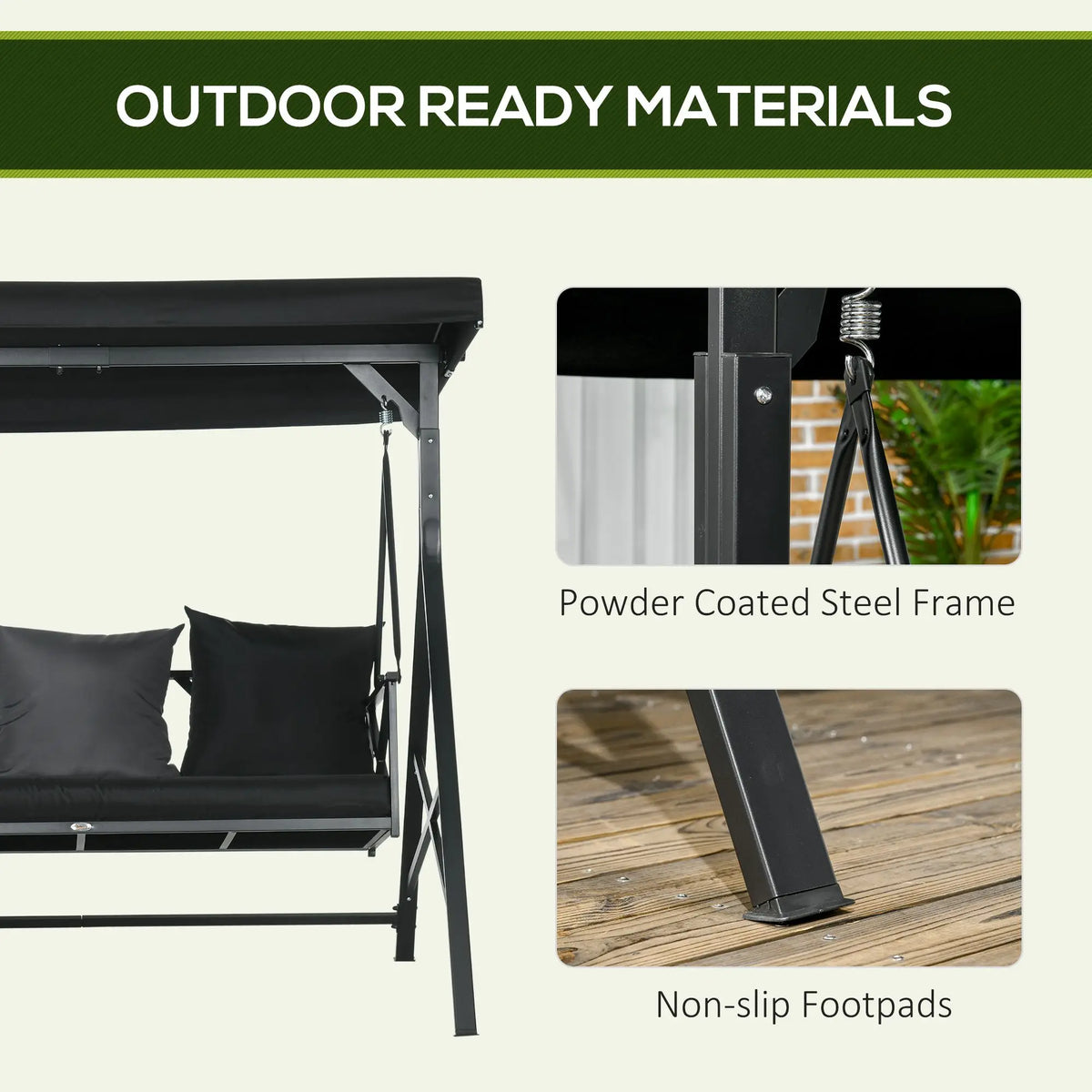 3-Seat Outdoor Swing with Adjustable Canopy and Cushions, Black