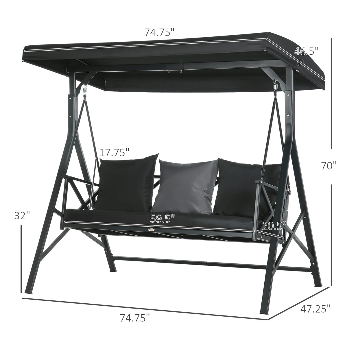 3-Seat Outdoor Swing with Adjustable Canopy and Cushions, Black