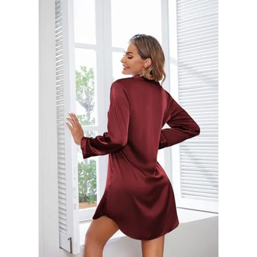 Ekouaer Satin Nightgowns for Women Button Down Sleep Shirt Silk Night Shirt Long Sleeve Boyfriend Sleepwear S-3XL