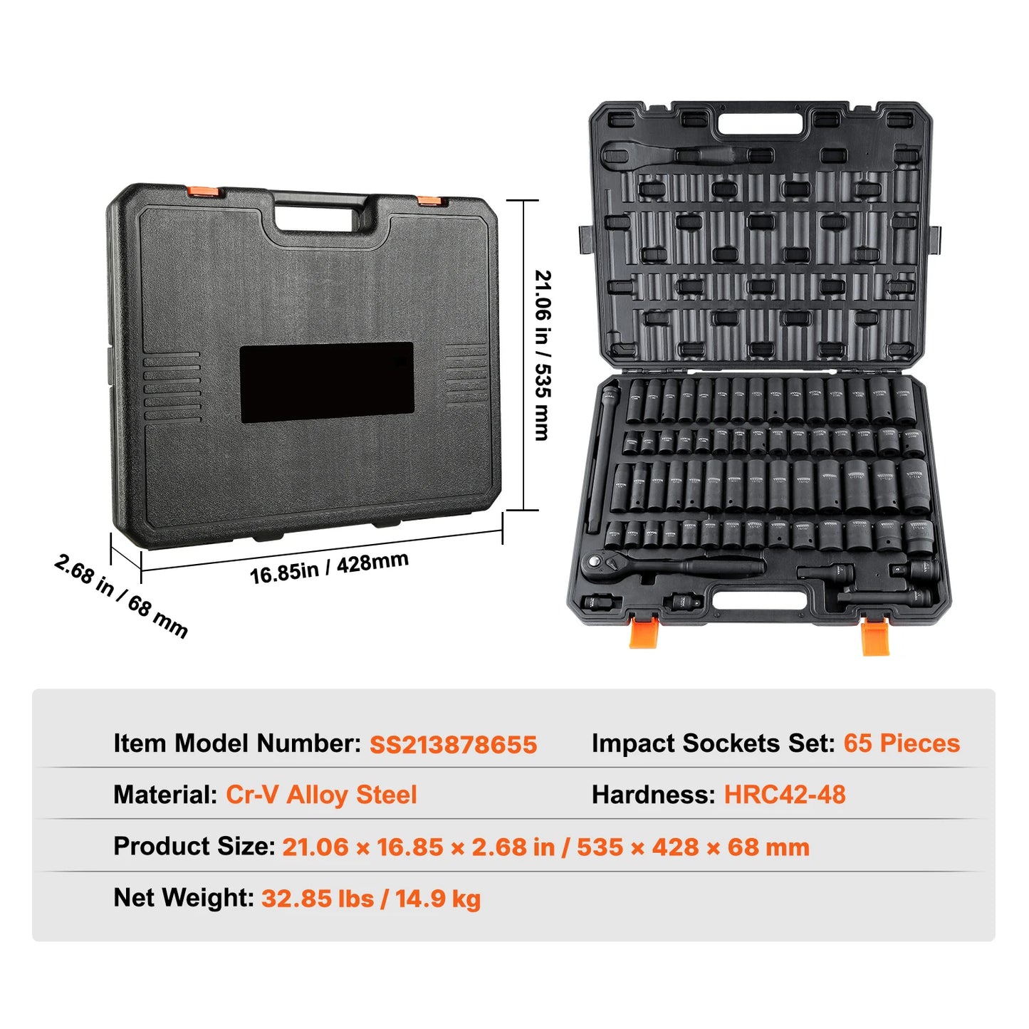 SucceBuy 1/2" Drive Impact Socket Set  6 Point Cr-V Alloy Steel for Auto Repair Easy-to-Read Size Markings Rugged Construction
