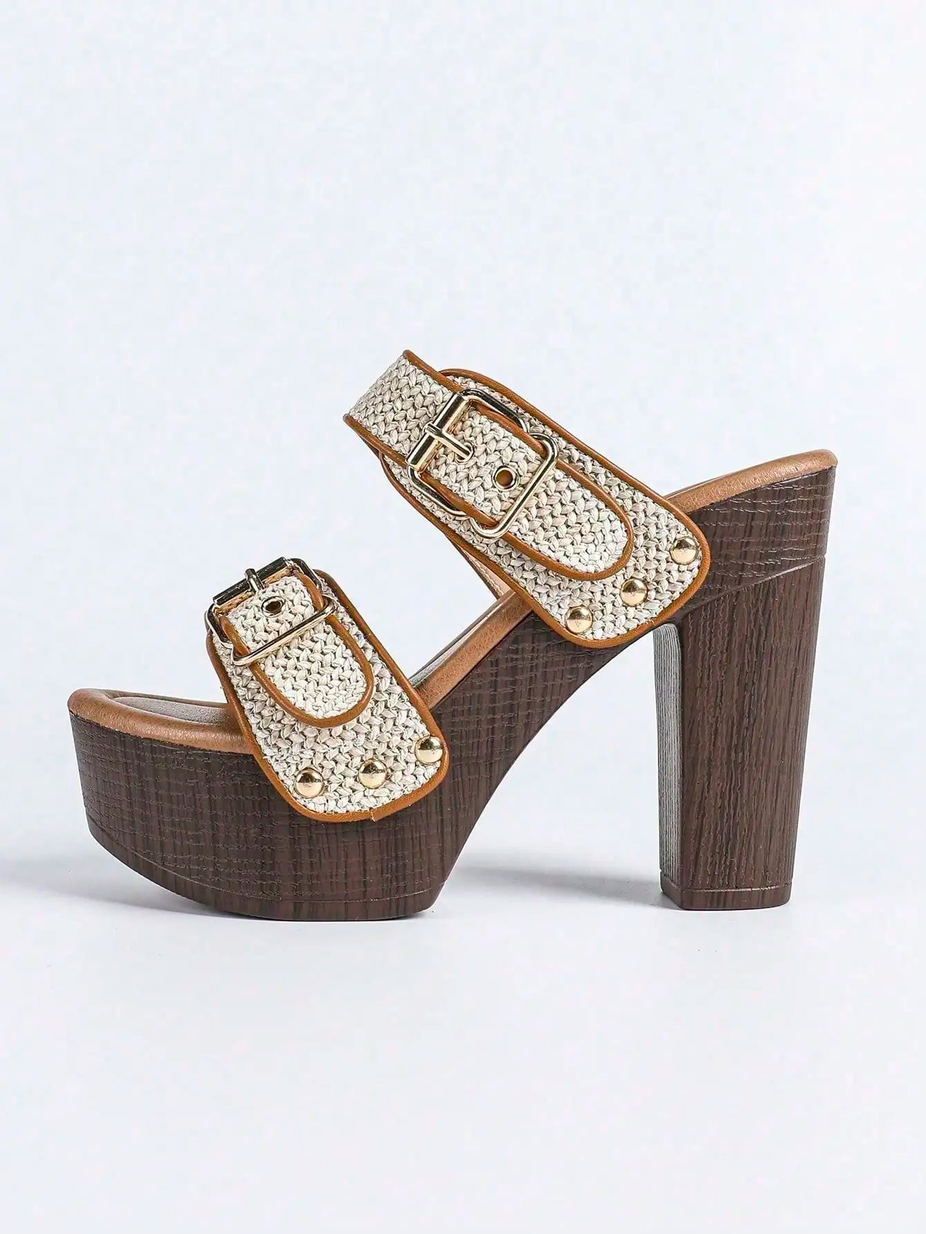 Women Fashion Chunky Platform Block High Heel Summer Sandal With Ankle Strap And Stud Peep Toe Mule Sandals Heel Shoes