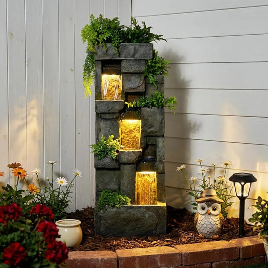 Garden Water Fountains Outdoor Floor Standing, 3 Tier Rock Waterfall Fountain with LED Lights and Pump for Garden,, Customized