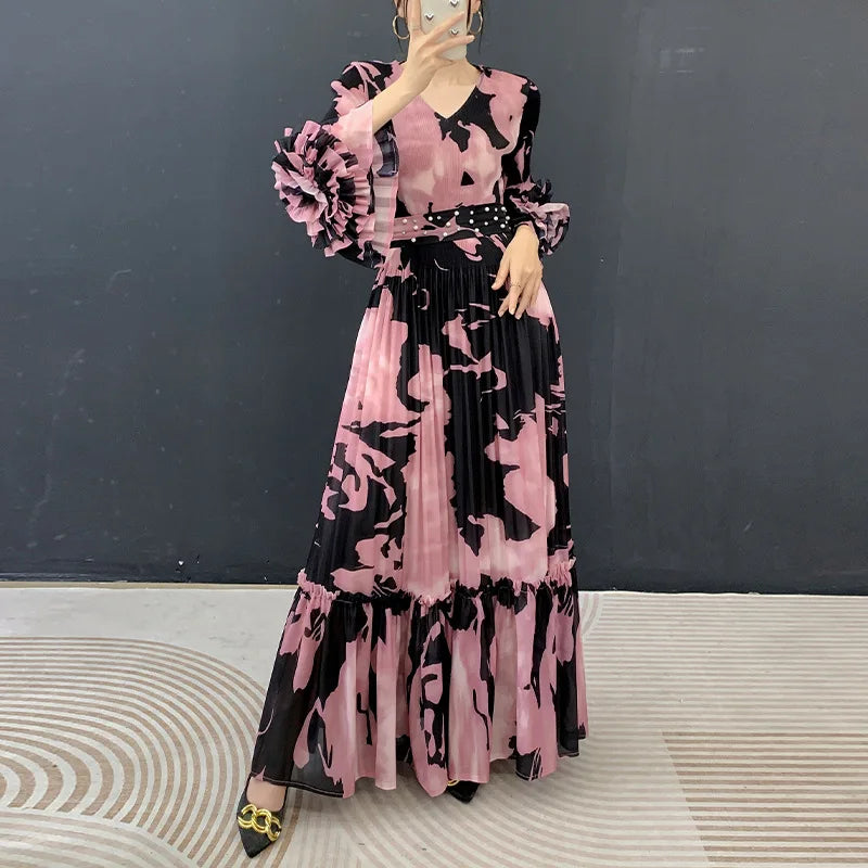 Fold Miyake Pleated Pink Tie Dye Floral Print V Neck Ruffle Sleeve Pearl Beaded Waist Maxi Dress Loose Breathable Elegant Wear