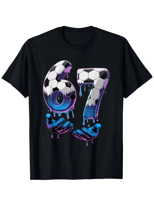Soccer "67" Boys and Girls Ice Cream Drip Fun Six Seven Hand  Pack T-Shirt, Spring/Summer Comfortable Casual Crew Neck, Breathable, Casual Style, Crew Neck, Perfect for Kids, Printed Pattern