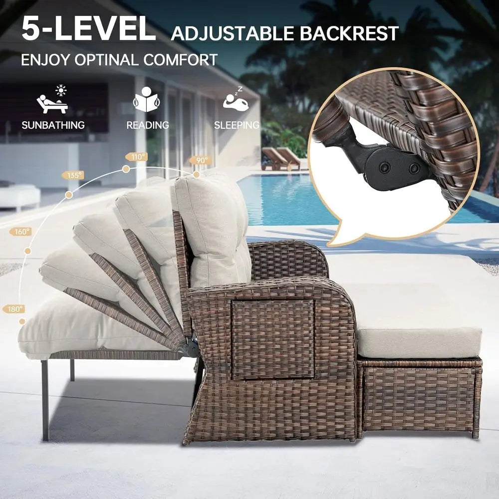 Outdoor Daybed, Patio Daybed Wicker Recliner or Two with Multiunctional Recliner and Stowable Side Tray, 5 Level Adjustable Back