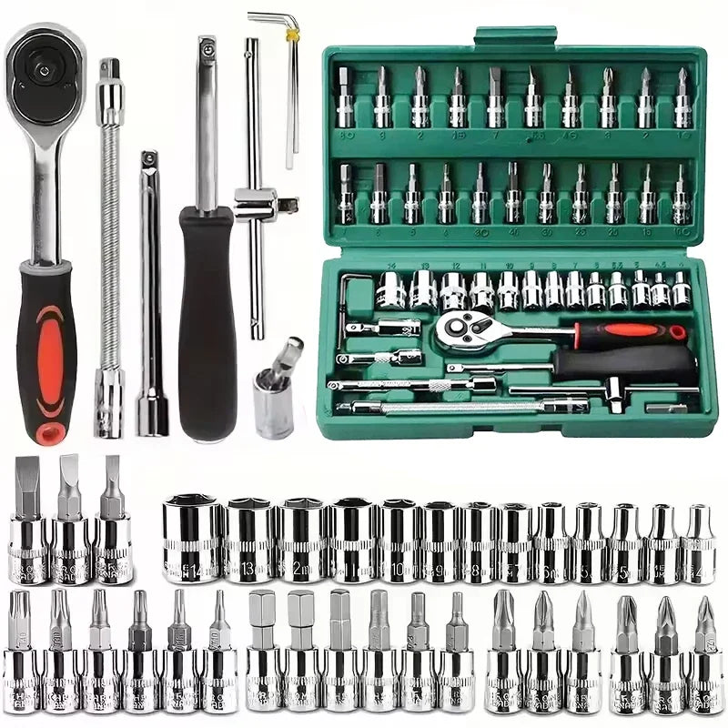 46-piece set 1/4 ratchet wrench with hexagonal sleeve wrench set Automobile repair tool complete set Quick tool Quick repair