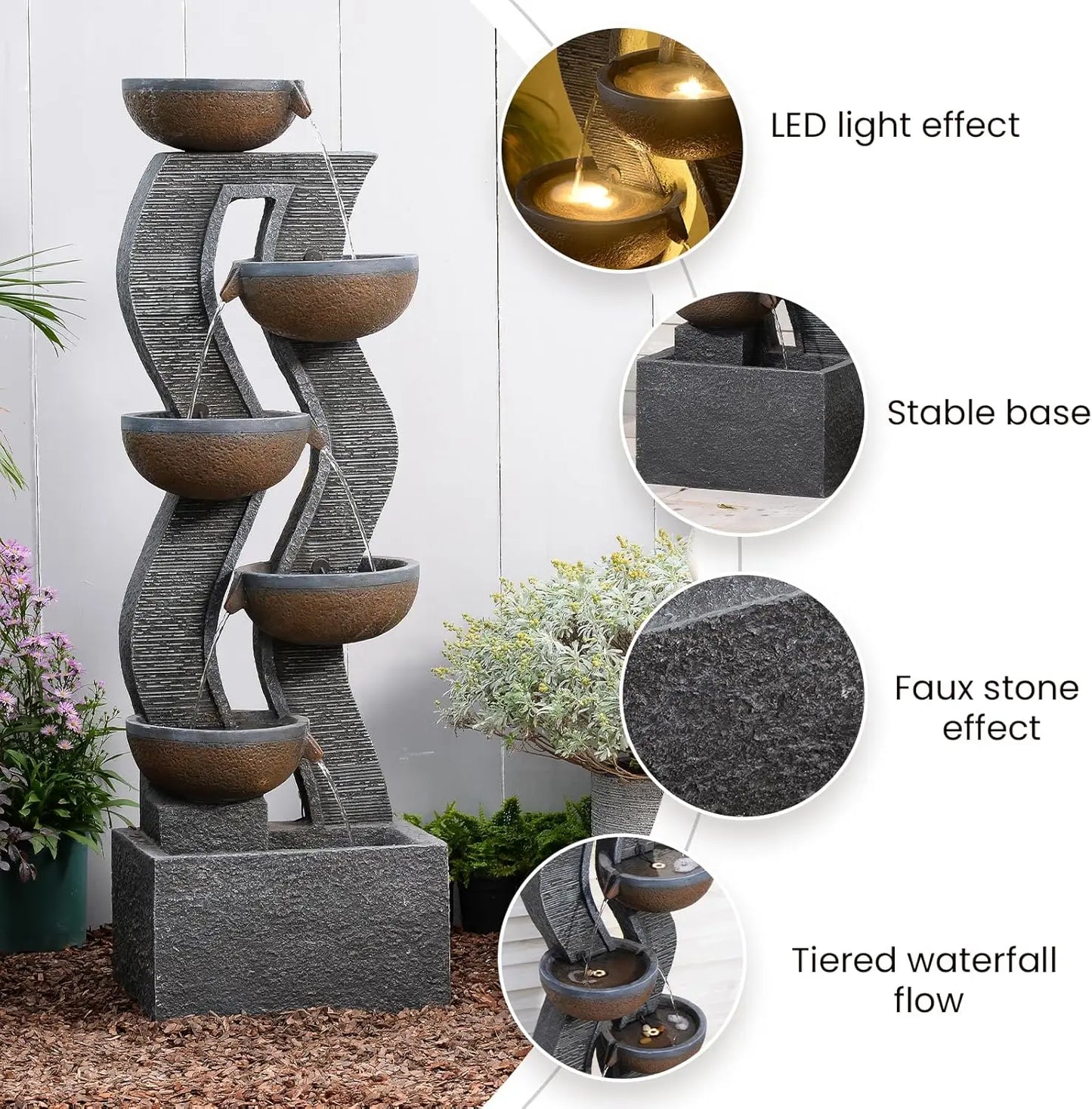 52.8" Tall Outdoor Water Fountain with Lights, 6-Tier Cascading Resin Waterfall Feature for Porch, Garden, Yard, Deck, Patio – L