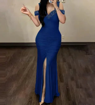 BWQ Elegant Evening Party Dresses For Women Rhinestone Cold Shoulder Slit Ruched Dress New Fashion Female Clothing Bodycon Dress
