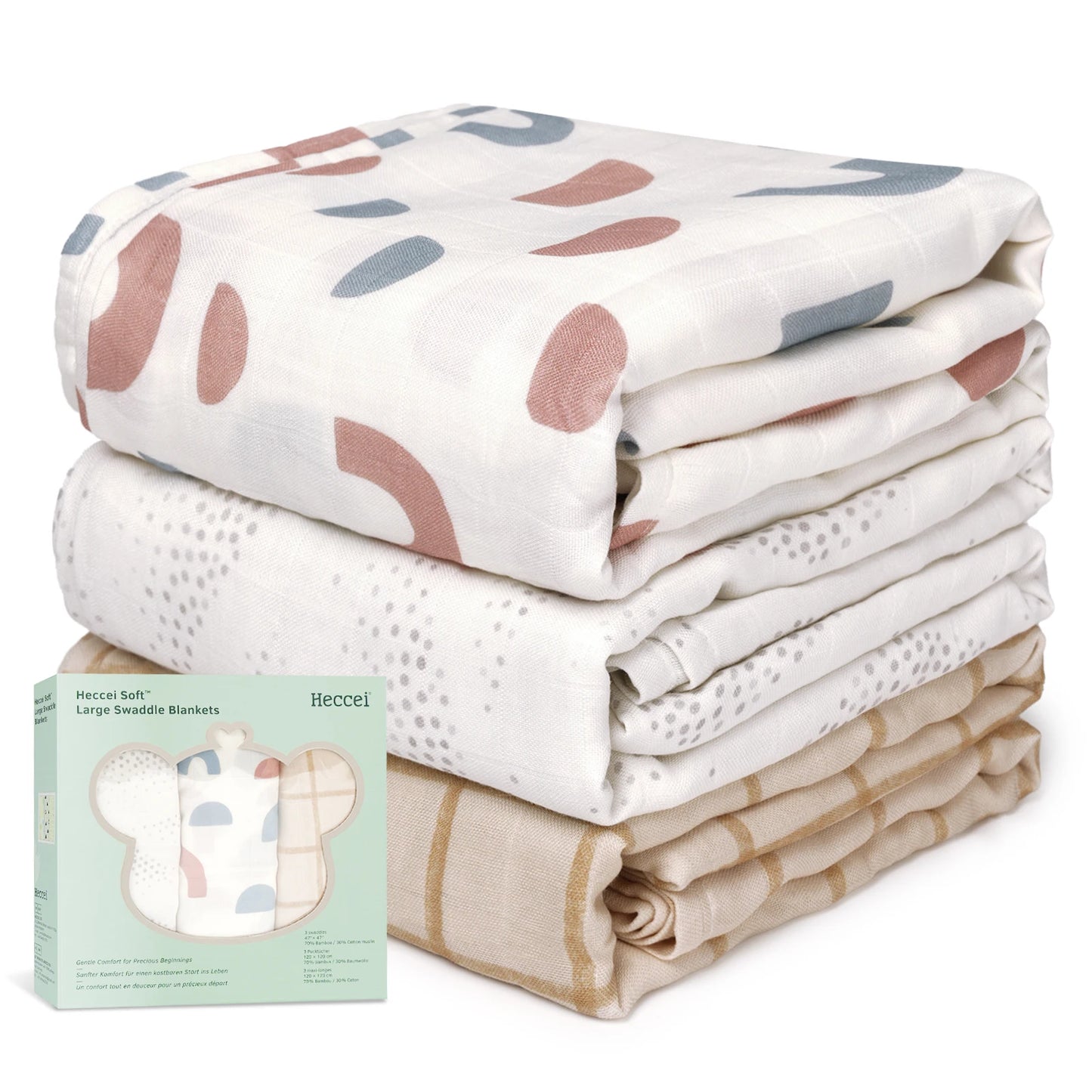 HECCEI Muslin Swaddle Blanket - Baby Muslin Blanket Large Swaddles 47 x 47 inches Bamboo and Cotton Baby Receiving Blanket
