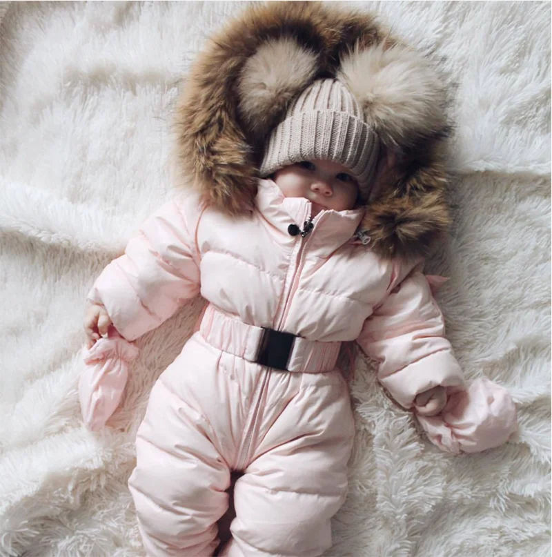 New baby winter fur collar hooded thick warm solid color cute sports zipper waist cinching jumpsuit